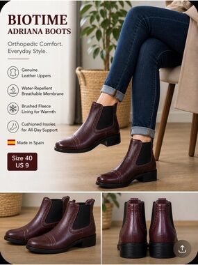 Biotime Adriana Leather Chelsea Boots Burgundy Orthopedic Comfort Size 40 / US 9